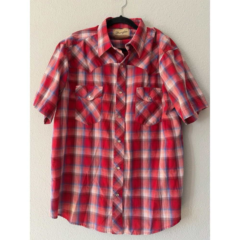 Wrangler Western Shirt Pearl Snap Mens XL Red Plaid Rodeo Short Sleeve